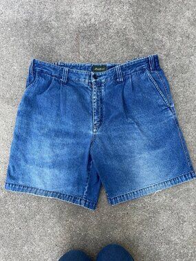 Vintage Eddie Bauer Denim Shorts Mens 38 Pleated Baggy Jorts Cotton Streetwear